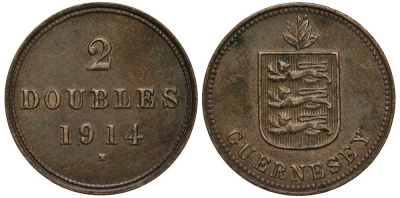Гернси 2 дабла (дубля) 1914 H KM 12 бронза 650-625