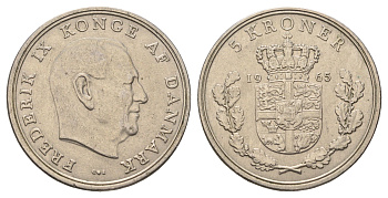 Дания 5 крон 1965 C; S, Фредерик IX (1947-1972) KM 853.1 медно-никель 221-923