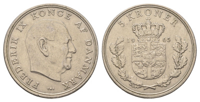 Дания 5 крон 1965 C; S, Фредерик IX (1947-1972) KM 853.1 медно-никель 221-923