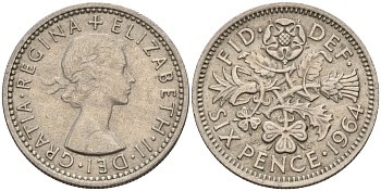 Великобритания 6 пенсов 1964 Елизавета II (1952-2022) KM 903, Spink 4149 медно-никель 4596-1047