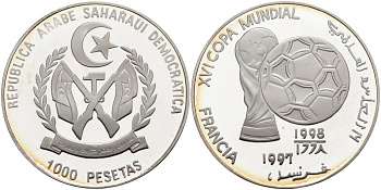 Западная Сахара 1000 песет 1997 XVI чемпионат мира по футболу 1998 года во Франции KM 46 серебро PROOF 00-000-00