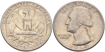 США 25 центов (квотер) 1969 Вашингтон KM 164a медь плакированная медно-никелем 80-1013