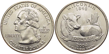 США 25 центов = квотер 2004 P, серия штаты США, Висконсин KM 359 медь плакированная медно-никелем UNC M49-20