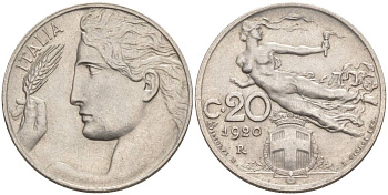 ИТАЛИЯ 20 ЧЕНТЕЗИМО 1920 R, ВИКТОР ЭММАНУИЛ III (1900-1946) KM 44, VEM3. 1008 никель 3853-236