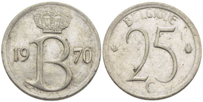 БЕЛЬГИЯ 25 САНТИМОВ 1970 BELGIQUE, БОДУЭН I (1951-1993) KM 153.1 медно-никель 116-953