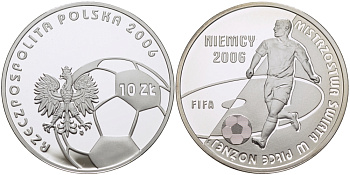 Польша 10 злотых 2006 MW, FIFA, чемпионат мира по футболу в Германии 2006 года, голограмма серебро PROOF 1087-7-31