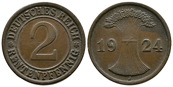 ГЕРМАНИЯ 2 РЕНТЕНПФЕННИГА 1924 J KM 31, J.307 бронза 86-1843
