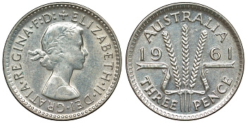 Австралия 3 пенса 1961 m, Елизавета II (1952-2022) KM 57 серебро 71-666