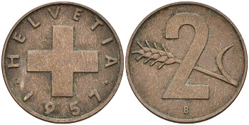 Швейцария 2 раппена 1957 В KM 47 бронза 4591-1131