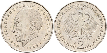 ФРГ 2 марки 1987 J, Конрад Аденауэр, 20 лет Федеративной Республике (1949-1969) KM 124, J. 406 медно-никель плакированный никелем 4137-444
