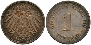 Германия 1 пфенниг 1900 G, Вильгельм II (1888-1918) KM 10, J. 10 медь 4608-224