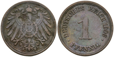 Германия 1 пфенниг 1906 F, Вильгельм II (1888-1918) KM 10, J. 10 медь 4608-215