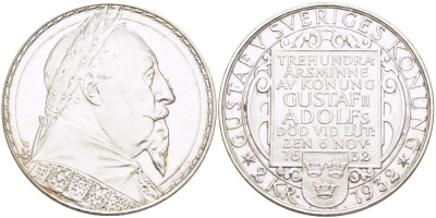 Швеция 2 кроны 1932 G, Густав V, 300 лет со дня смерти Густава II Адольфа KM 805 серебро 413-1044