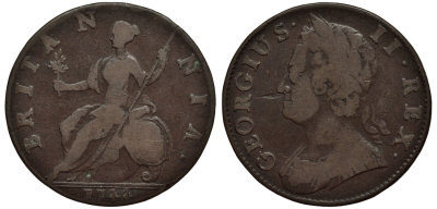 Великобритания 1/2 пенни 1744 Георг II (1727-1760) KM 579.1 Spink 3718 медь 1523-924