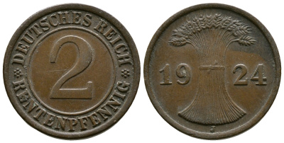ГЕРМАНИЯ 2 РЕНТЕНПФЕННИГА 1924 J KM 31, J.307 бронза 86-1843