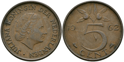 НИДЕРЛАНДЫ 5 ЦЕНТОВ 1962 ЮЛИАНА KM 181 бронза 95-351