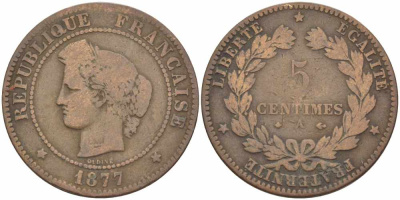 ФРАНЦИЯ 5 САНТИМОВ 1877 А, ТРЕТЬЯ РЕСПУБЛИКА (1871-1940) KM 821.1, LE FRANC 118.16 бронза 108-624