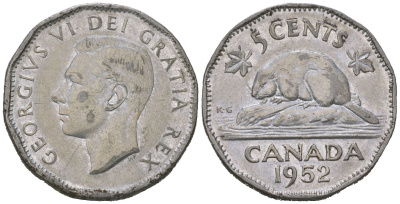 Канада 5 центов 1952 Георг VI (1936-1952), бобер KM 42a хромированная сталь 4621-257