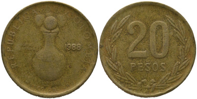 Колумбия 20 песо 1988 KM 271 алюминиевая бронза 4529-932