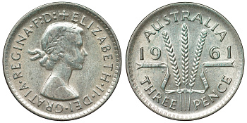Австралия 3 пенса 1961 m, Елизавета II (1952-2022) KM 57 серебро 71-719