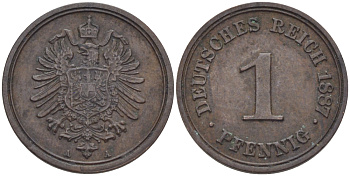 ГЕРМАНИЯ 1 ПФЕННИГ 1887 A, СТАРОГЕРБОВКА KM 1, J. 1 медь 100-311