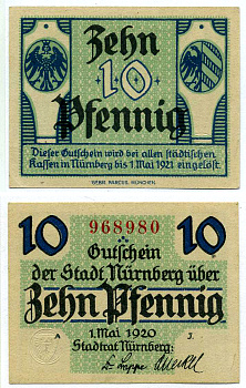 НЮРНБЕРГ 10 ПФЕННИГОВ 1920 1 МАЯ 1920 - 1 МАЯ 1921, НОТГЕЛЬД, ЗЕМЛЯ БАВАРИЯ Grabowski N58.2a бумага 2193-10-3-1