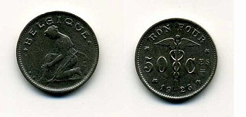 БЕЛЬГИЯ 50 САНТИМОВ 1923 BELGIQUE KM 87 никель 46-362