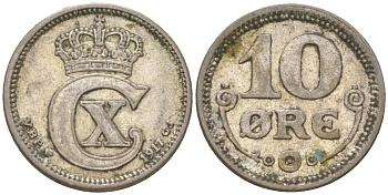 Дания 10 эре 1916 Кристиан X (1912-1947) KM 818 серебро 4621-1022