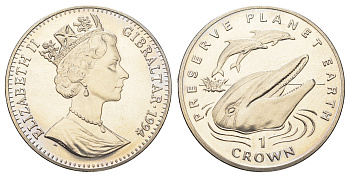 Гибралтар 1 крона 1994 Заповедник планета Земля - Полосатый дельфин KM 243 медно-никель BU 1524-1842