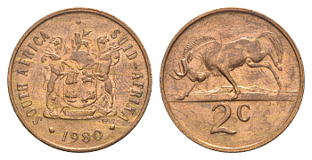 ЮАР 2 цента 1980 герб, антилопа гну KM 83 бронза aUNC 4621-148