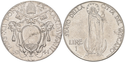 Ватикан 1 лира 1941 Пий XII, Дева Мария KM 26 a сталь UNC 63-716