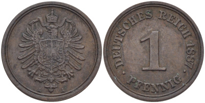 ГЕРМАНИЯ 1 ПФЕННИГ 1887 A, СТАРОГЕРБОВКА KM 1, J. 1 медь 100-311