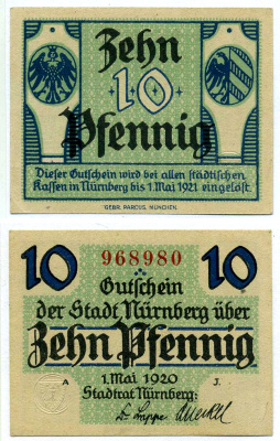 НЮРНБЕРГ 10 ПФЕННИГОВ 1920 1 МАЯ 1920 - 1 МАЯ 1921, НОТГЕЛЬД, ЗЕМЛЯ БАВАРИЯ Grabowski N58.2a бумага 2193-10-3-1