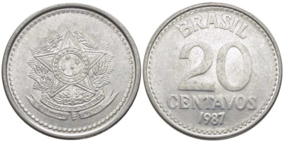 Бразилия 20 сентаво 1987 герб KM 603, Schon 112 нержавеющая сталь 112-862