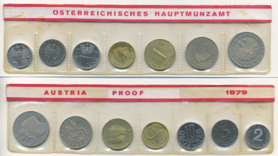 Австрия набор из 7 монет  1979  2, 5, 10, 50 грошей, 1, 5, 10 шиллингов, в целлофане KM PS 39 PROOF 4400-6-1