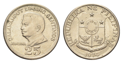Филиппины 25 сентимо 1974 Хуан Луна KM 199 медь цинк никель UNC 4668-717