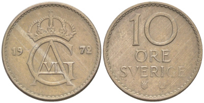 Швеция 10 эре 1972 Густав VI Адольф (1950-1973) KM 835 медно-никель UNC 187-824