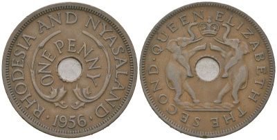 Родезия и Ньясаленд 1 пенни 1956 Елизавета II (1952-2022) KM 2 бронза 4616-117