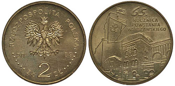 Польша 2 злотых 2009 MW, 65 лет Варшавскому восстанию KM 687 латунь 111-336