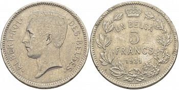 БЕЛЬГИЯ 5 ФРАНКОВ 1931 BELGES KM 97.1 никель 114-842