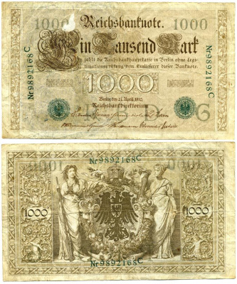 ГЕРМАНИЯ 1000 МАРОК 1910 ЗЕЛЕНАЯ ПЕЧАТЬ, 7 ЦИФР В НОМЕРЕ Pick 45b бумага 2192-32-1