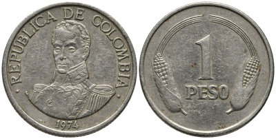 Колумбия 1 песо 1974 Симон Боливар KM 258 медно-никель 4577-551