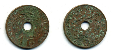 Нидерландская Восточная Индия 1 цент 1945 р, Вильгельмина (1890-1948) KM 317 бронза 56-1212