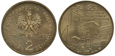 Польша 2 злотых 2009 MW, 65 лет Варшавскому восстанию KM 687 латунь 111-336