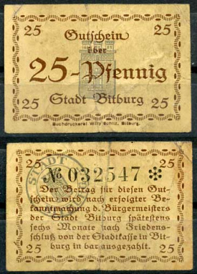 Германия, Битбург 25 пфеннигов ND нотгельд Tieste 0705/10 бумага 8614-43-1-1