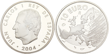 Испания 10 евро 2004 M, расширение Евросоюза, карта Европы KM 1099 серебро PROOF 06-266-32