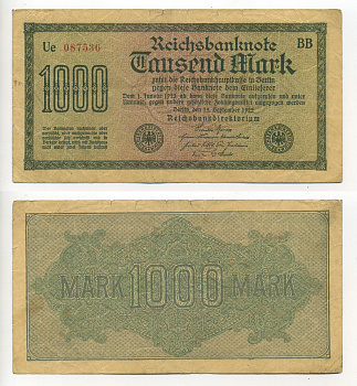 ГЕРМАНИЯ 1000 МАРОК 1922 15 СЕНТЯБРЯ 1922, ВОДЯНОЙ ЗНАК I, ЖЕЛТАЯ БУМАГА, СЕРИЯ ВВ Pick 76b, Rosenberg 75d бумага 7217-34-1