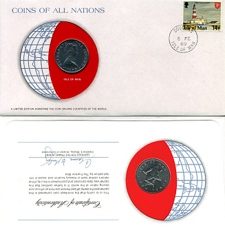 ОСТРОВ МЭН 10 ПЕНСОВ 1978 КОНВЕРТ С МАРКОЙ ПЕРВОГО ДНЯ ГАШЕНИЯ, COINS OF NATIONS KM 36.1 медно-никель UNC 4294-22-1