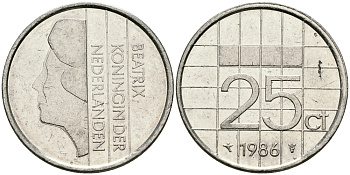 НИДЕРЛАНДЫ 25 ЦЕНТОВ 1986 БЕАТРИКС KM 204 никель 96-314