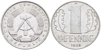 ГДР 1 ПФЕННИГ 1968 А KM 8.1 алюминий 96-628